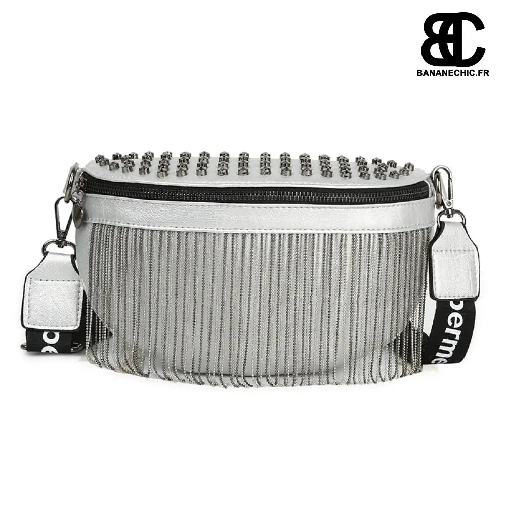 Sac banane cuir luxe pompon - Argent - banane - Banane Chic