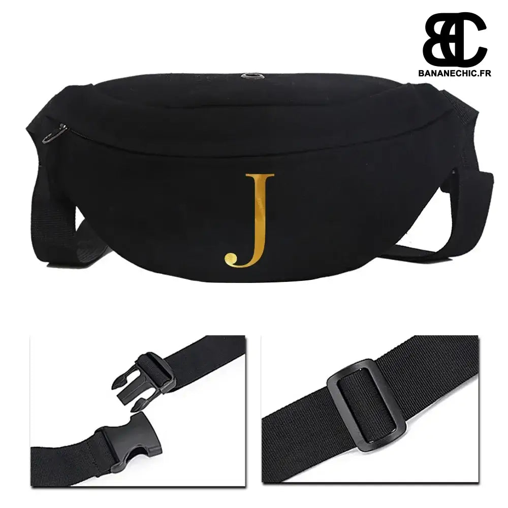 Sac banane cuir noir initialisé - J - banane - Banane Chic ™