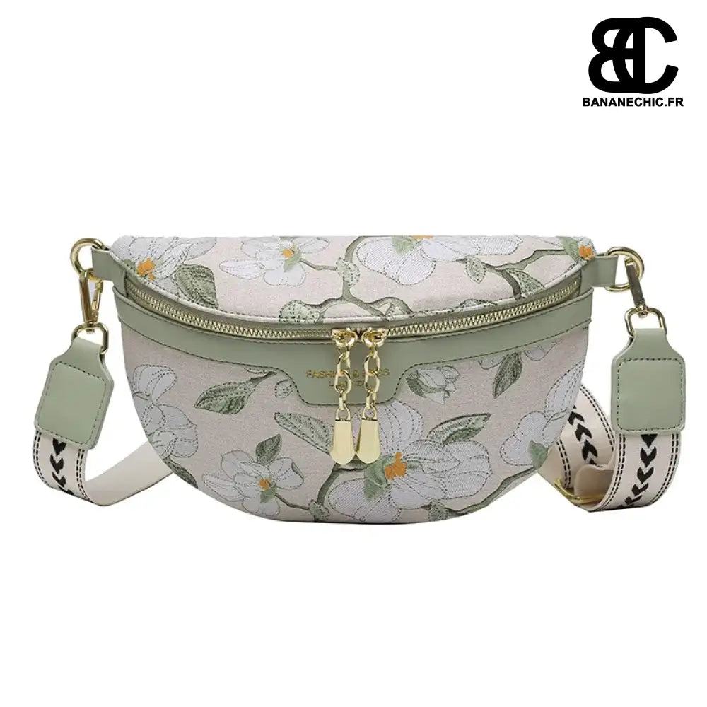 Sac banane fleurs blanches bandoulière - Vert - banane -