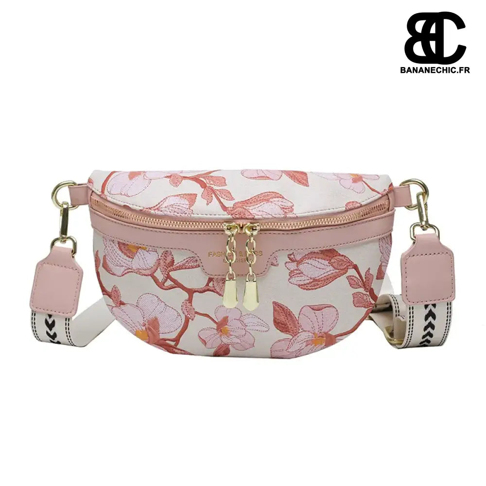Sac banane fleurs blanches bandoulière - Rose - banane -