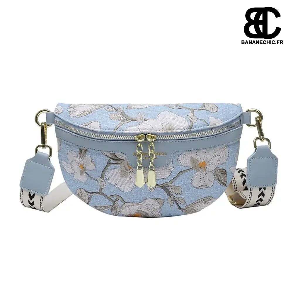Sac banane fleurs blanches bandoulière - Bleu - banane -