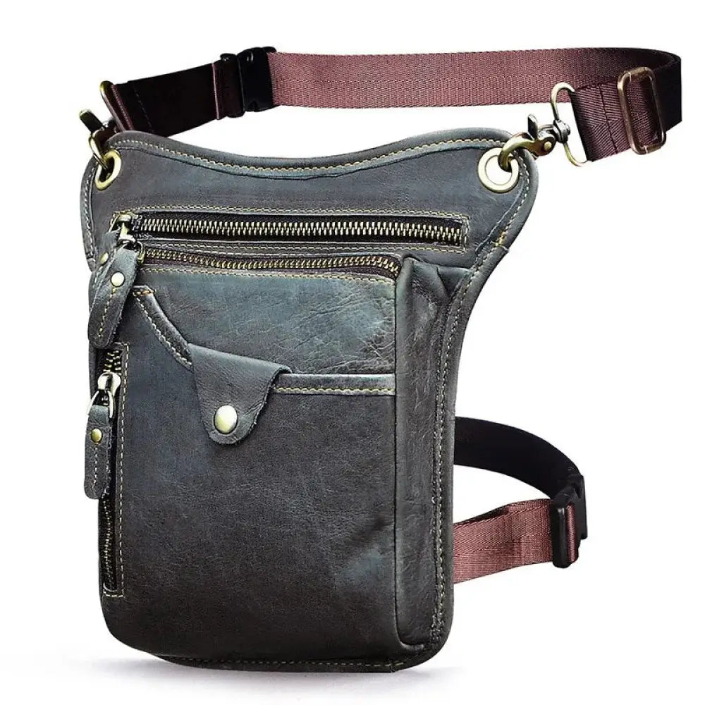 Sac de jambe homme moto en cuir - Gris laqué - banane -