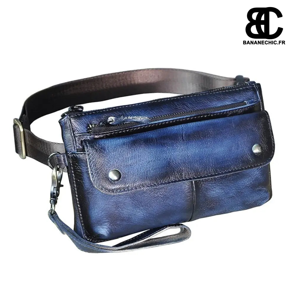 Sacoche cuir banane vintage homme - Bleu profond - Banane -