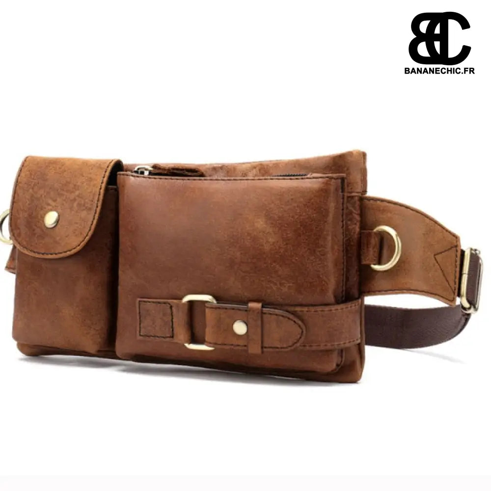 Sac banane cuir compartimenté homme - Marron clair - Banane
