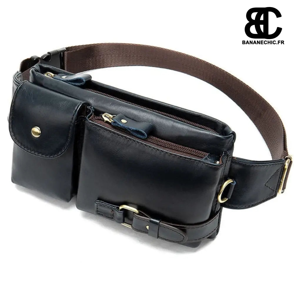 Sac banane cuir compartimenté homme - Bleu foncé - Banane -