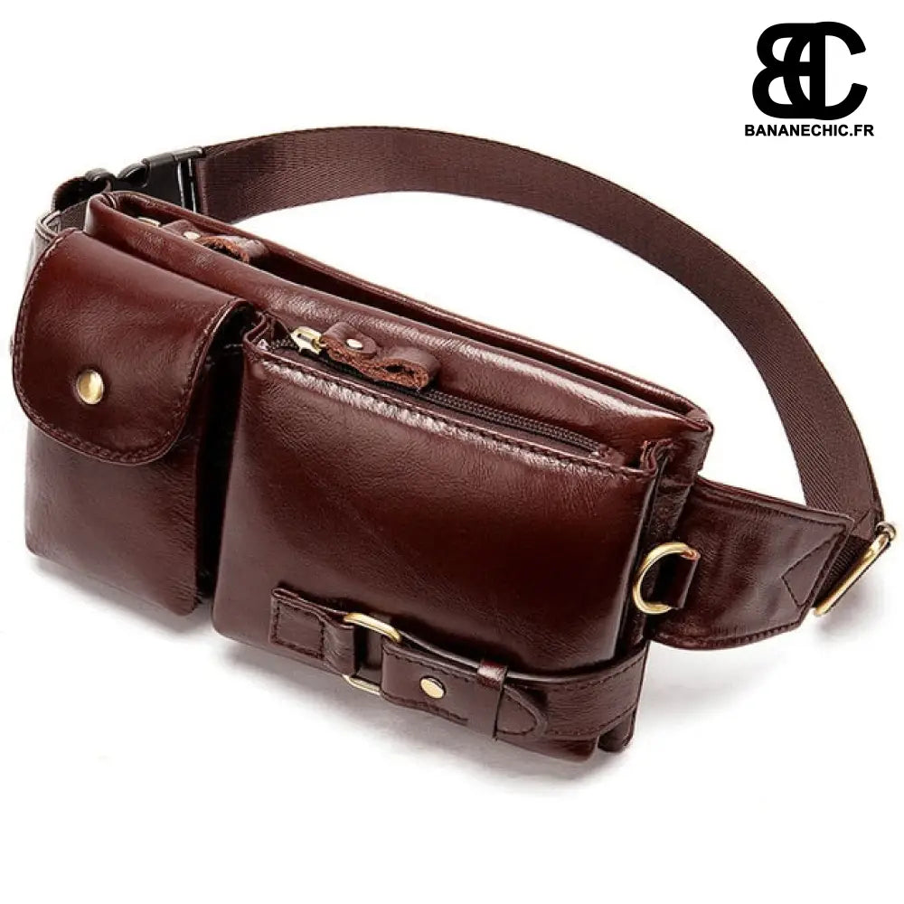 Sac banane cuir compartimenté homme - Marron foncé - Banane