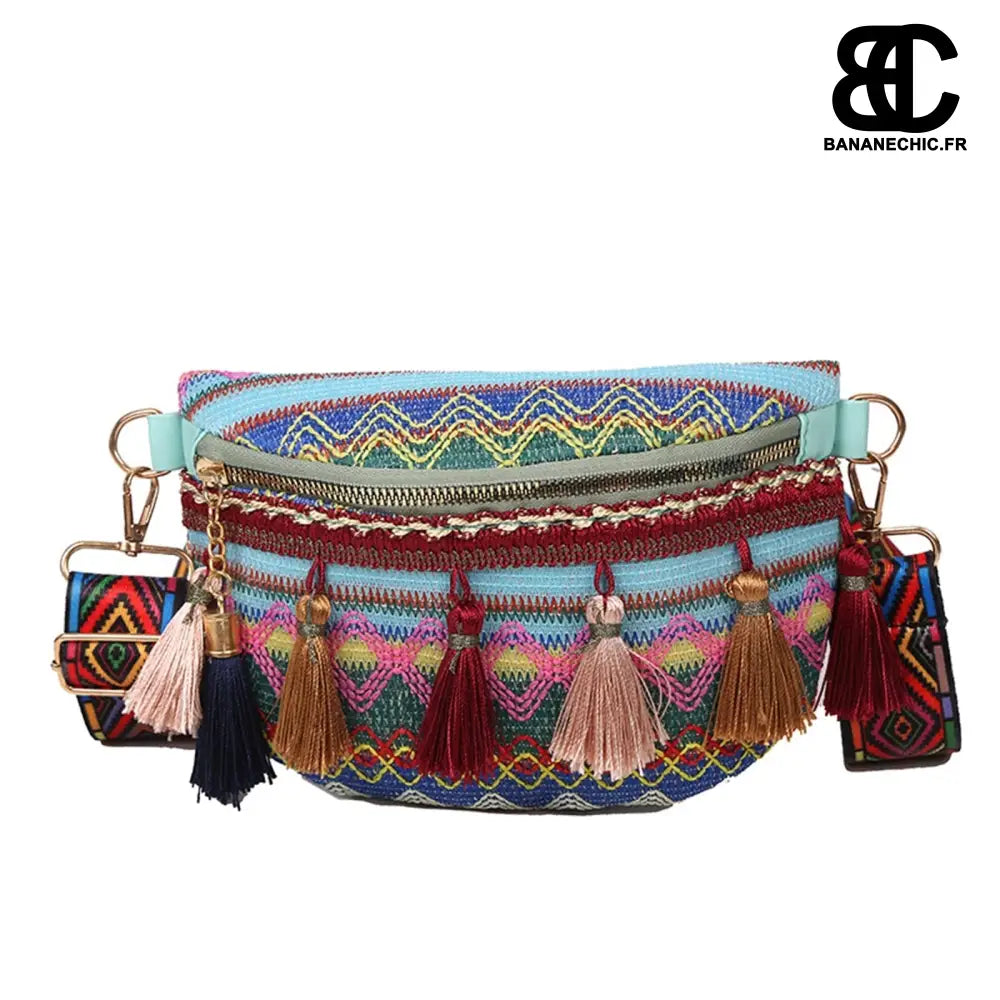 Sac banane femme à franges patchwork - Bleu - Banane -