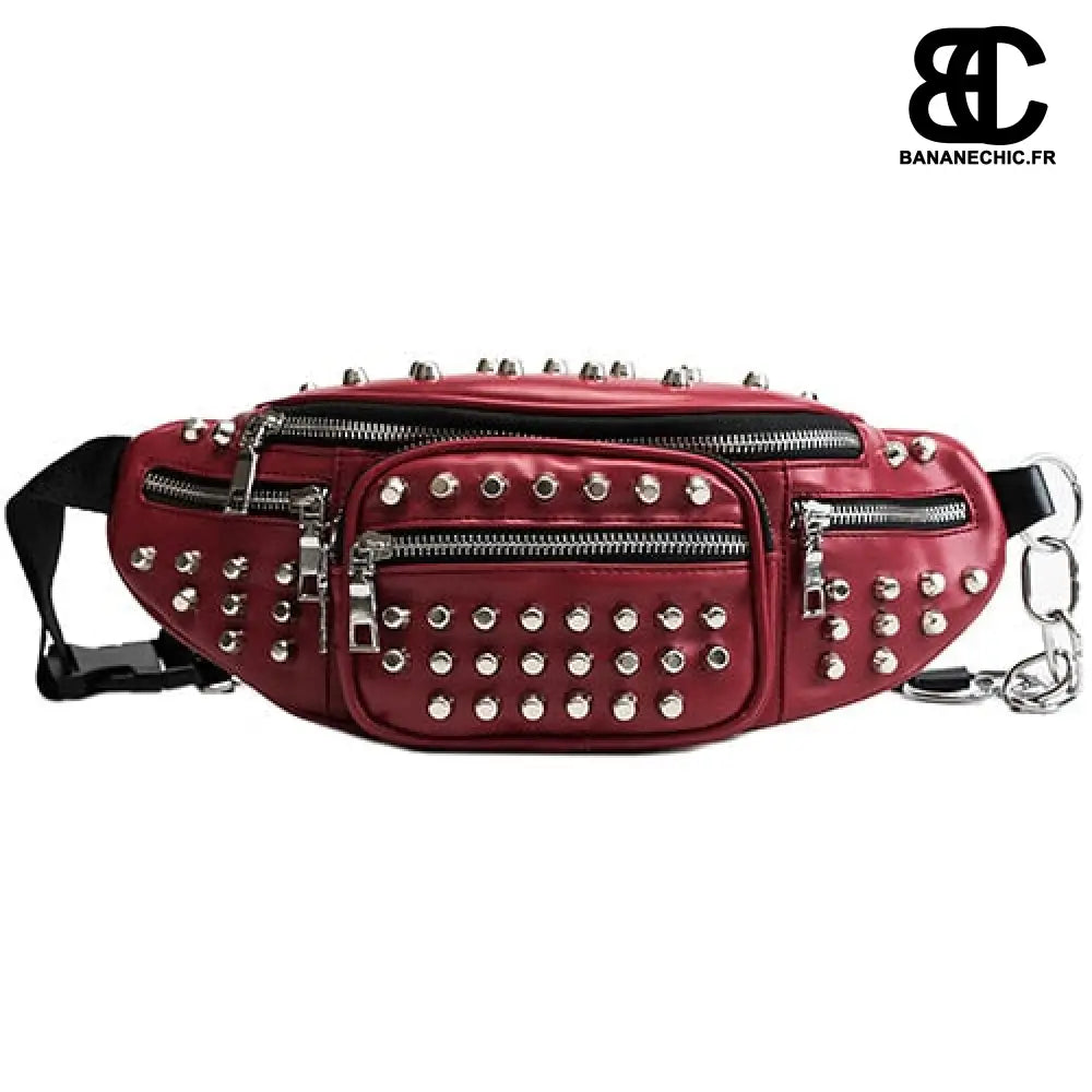 Sac banane gothique cuir rivets argent - Rouge - banane -