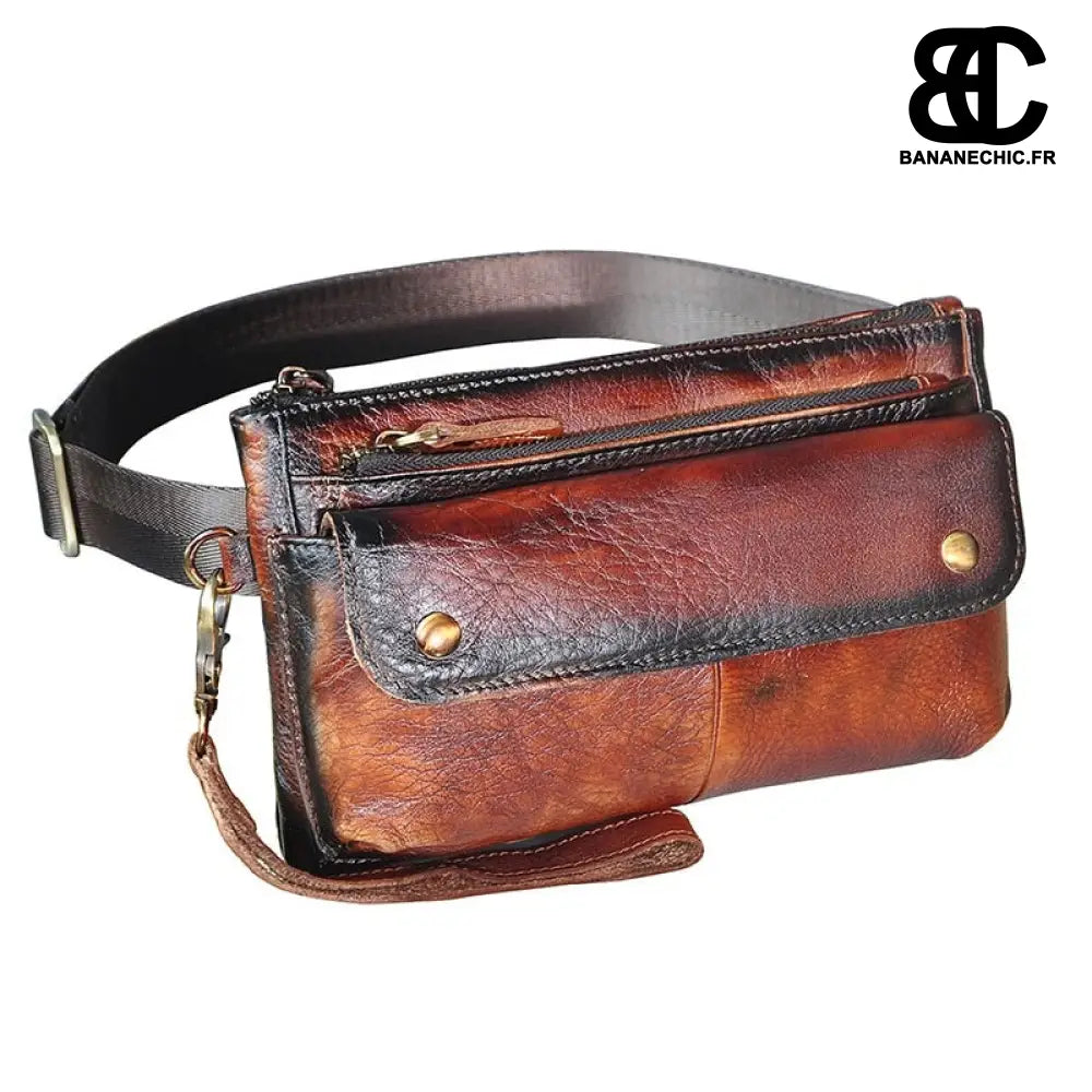 Sacoche cuir banane vintage homme - Burgundy - Banane -